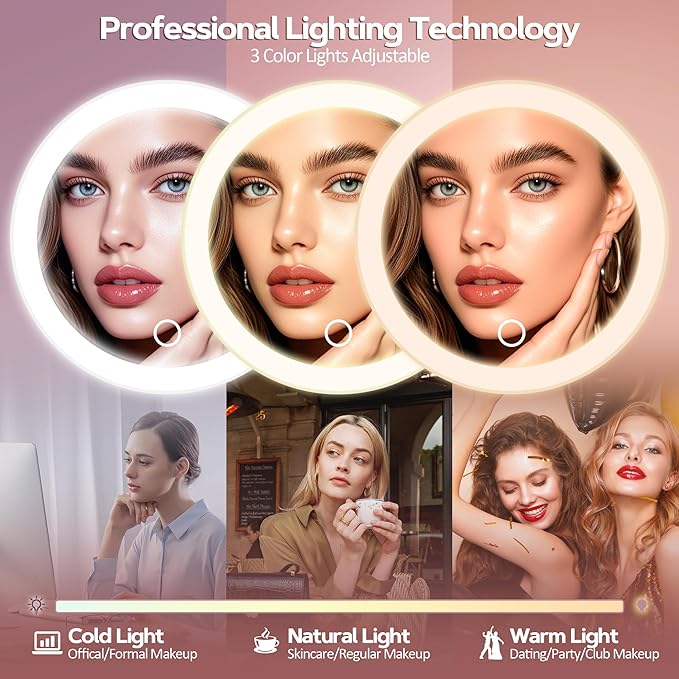 30X Magnifying Mirror Suction Cup, 6" Makeup Mirror with Lights, Rechargeable Travel Mirror with 3 Color Dimmable Lights for Precision Makeup, Fits Bathroom/Wall Suction/Hanging, White