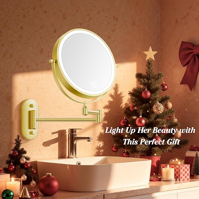 Auxmir 1X/20X Wall Mounted Makeup Mirror with Light, 8" Rechargeable Double-Sided Magnifying Mirror, Vanity Mirror Dimmable 3 Color Light, 360° Extension Rotation Foldable 14.5 Inch Arm for Bathroom