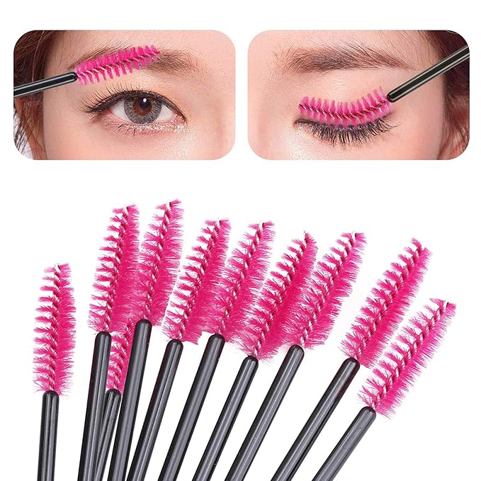 Tbestmax 400 Spoolies Mascara Wand and Lip Brush Disposable Lash Brushes for Eyelash Extensions, Lipstick Lip Gloss Wands Applicator Tool (Black+Hotpink)