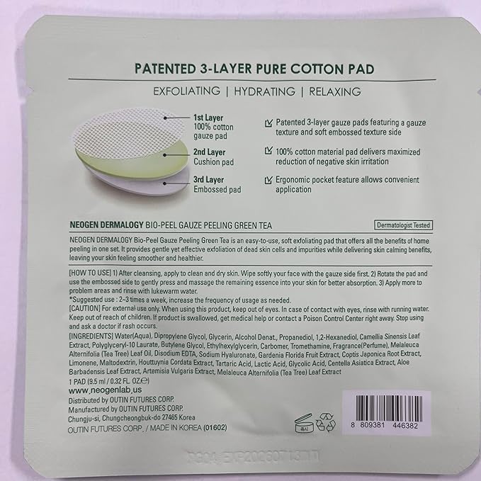 DERMALOGY by NEOGENLAB Bio-Peel Gauze Peeling Pads, Green Tea, 8 Count