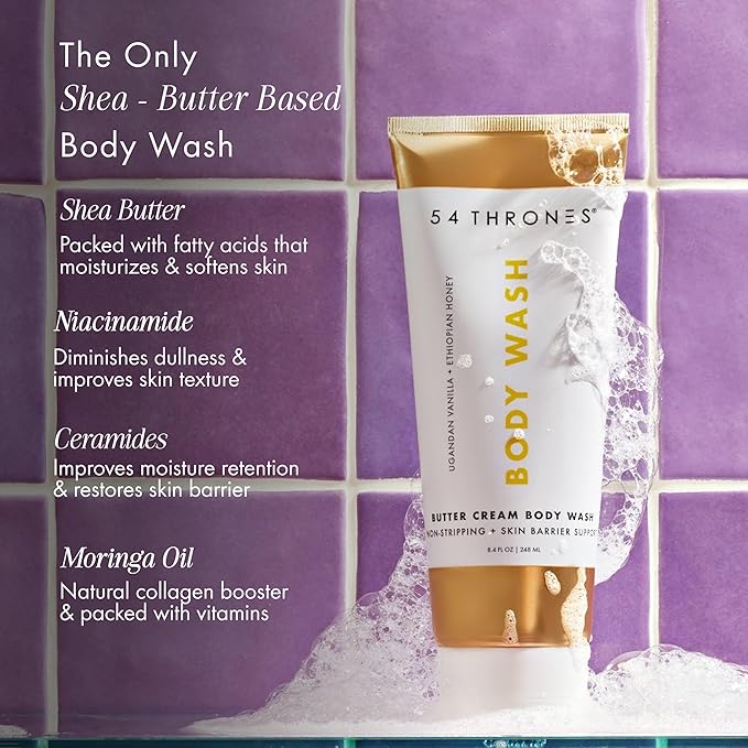 Non-Stripping Butter Cream Body Wash, Shea Butter Body Wash, Exfoliating & Moisturizing Liquid Soap, Ugandan Vanilla + Ethiopian Honey