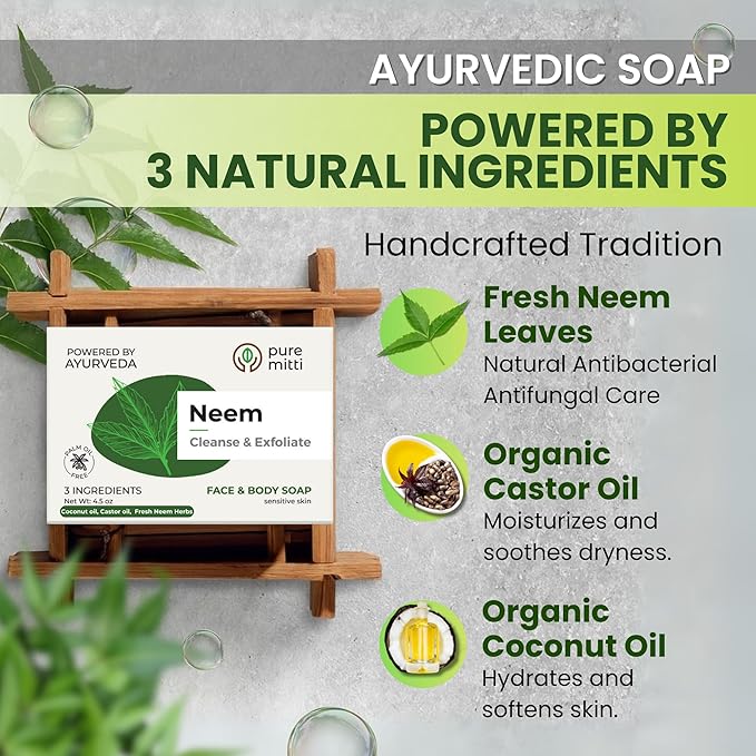 Neem Face, Body Bar Soap 4.5 oz | Ayurvedic Exfoliating, Cleansing Bar with Coconut Oil, Castor Oil | Gentle Bath Soaps for Face Wash, Body Wash | Soft Soap for Daily Use, All Skin Types