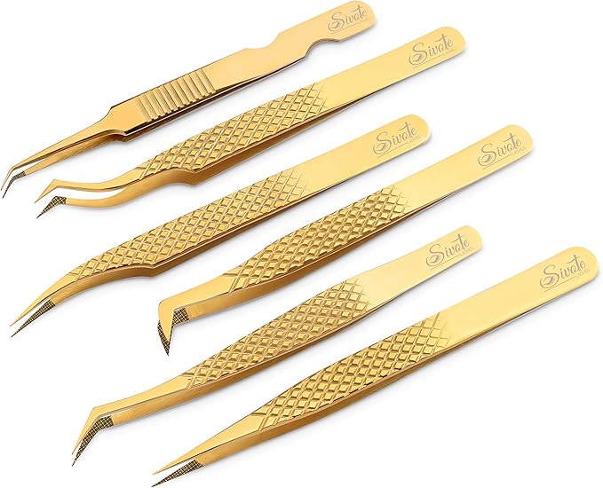 SIVOTE Eyelash Extension Tweezers Fiber Tips Japanese Steel, Set of 6 – Curved, Dolphin, 90° 45° Volume Boot & Slight Curved Tweezer – Professional Lash Tweezers for Lash Extensions Gold
