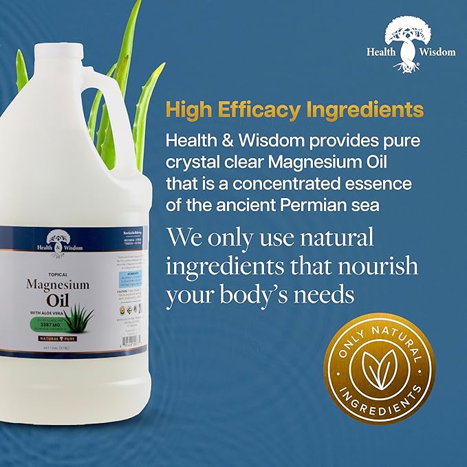 Health & Wisdom Pure Magnesium Oil with Aloe Vera - Topical Muscle & Joint Relief- Natural and Pure Skin Moisturizer - Enhanced Absorption - 128 fl oz