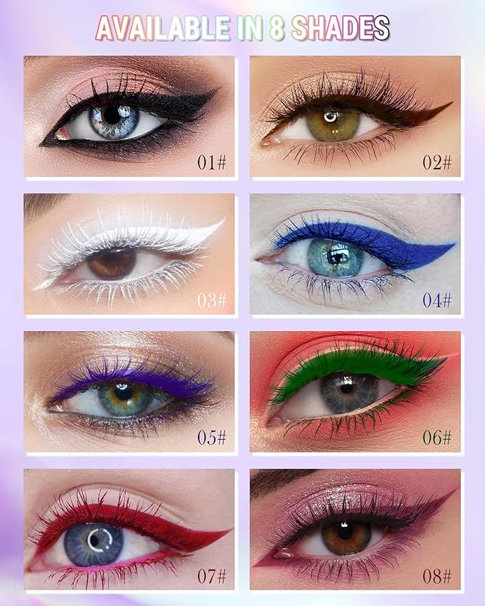 White Mascara Liquid Eyeliner Set, Update Longlasting Waterproof Color Eye Liner Pen, 5D Silk Fiber Colored Mascara Volume and Length, Christmas Party Stage Use Eye Makeup Gift Kit for Women Girl-03