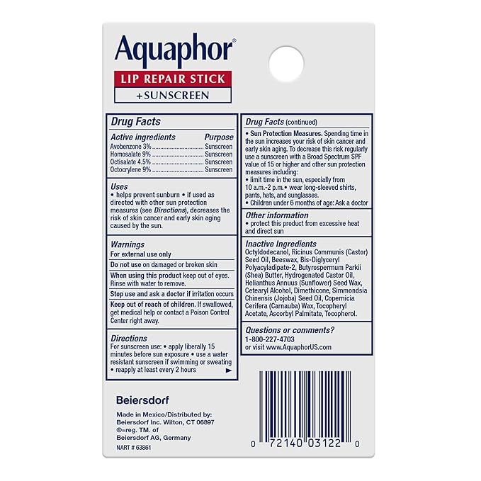 Aquaphor Lip Repair and Protect Stick with Sunscreen, Broad Spectrum SPF 30 Sunscreen Lip Balm, 0.17 Oz Stick, Pack of 4