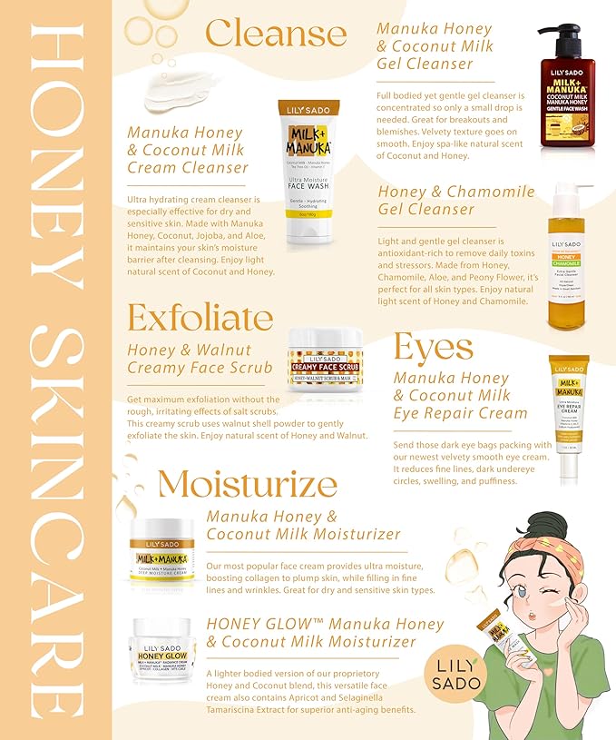 LILY SADO MILK+MANUKA™ Coconut Milk & Manuka Honey Cream Face Cleanser – Natural Ultra Moisturizing Facial Wash Cleanses, Balances, Soothes & Hydrates - Large 6oz