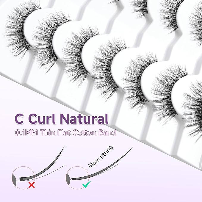 Lashes False Eyelashes Natural Cat Eye Lashes 14mm Wispy Eyelashes with Thin Band 3D Volume False Lashes Soft Strip Lashes Pack C Curl Natural Eyelashes Fake Lashes 7 Pair EVENTILL
