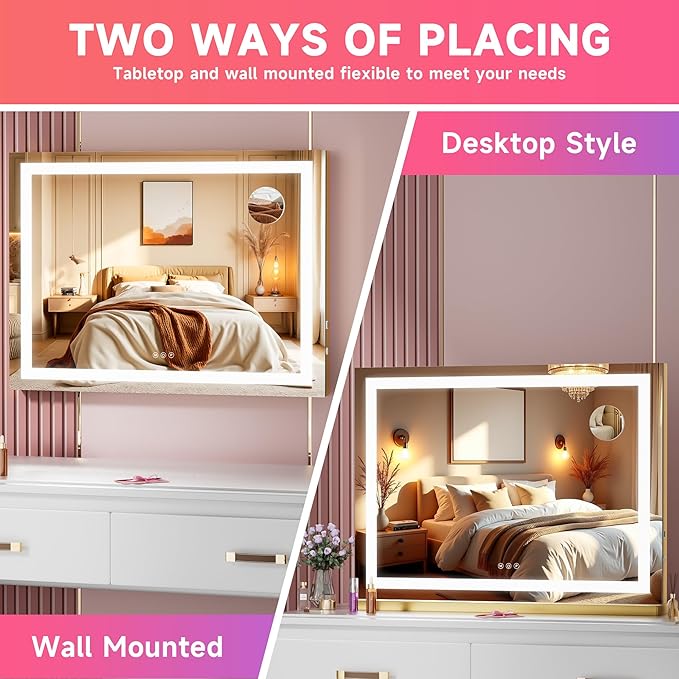 Vanity Mirror with Lights, 28" x 20" LED Makeup Mirror with 10X Magnification, Dimmable 3 Modes, Memory Function, Smart Touch, USB Charging Port, Lighted Makeup Mirror Square Glod