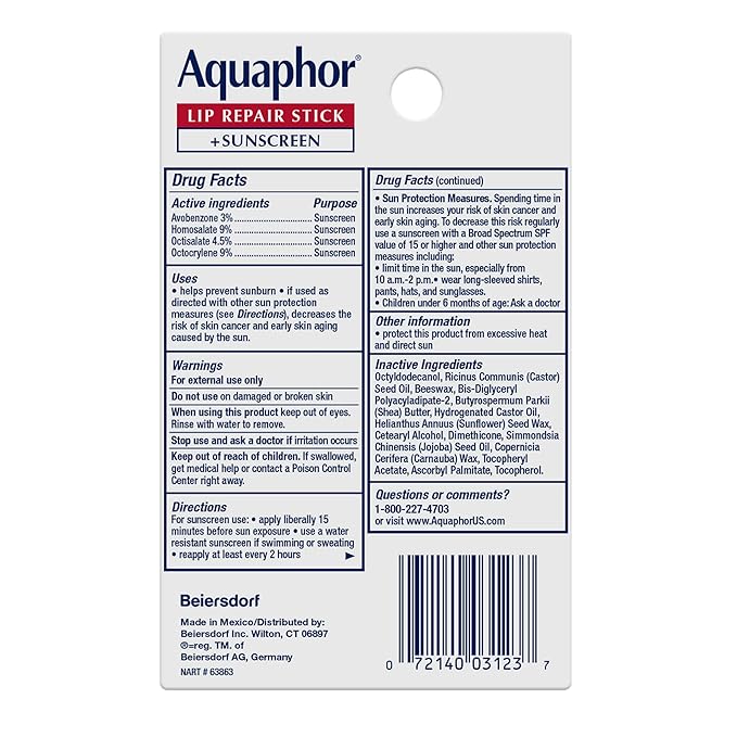 Aquaphor Lip Balm Set with Jojoba Oil and Shea Butter, Lip Repair Stick (2 x 0.17 Oz) + Repair Stick with Sunscreen SPF 30 (2 x 0.17 Oz), Fragrance Free, Paraben Free, Immediately Relieves Dryness