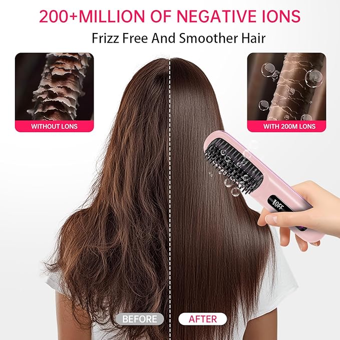 Cordless Hair Straightener Brush for Travel, 200 Million Negative Ionic Portable Hair Straightener Comb for Women with LED Display & 3 Temps, 30s Fast Heating USB Charging Smooth Frizz(Purple)