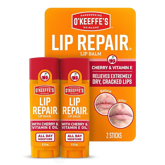 O'Keeffe's Lip Repair Lip Balm with Cherry & Vitamin E Oil - Stick (Twin Pack) - Moisturizer for Extremely Cracked, Dry Lips