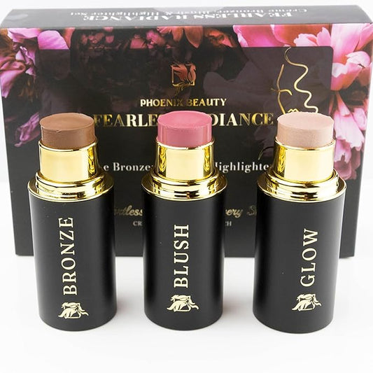Cream Contour Stick Set – Blush, Bronzer & Highlighter Trio | Hydrating, Buildable, High-Pigment Makeup with Shea Butter & Vitamin E | Phoenix Beauty Gift Set (Enchanted)