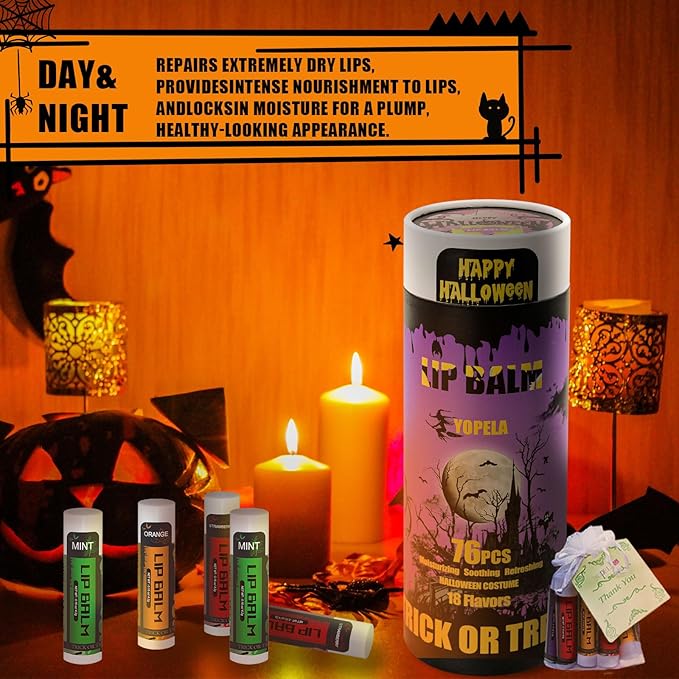 Yopela 76 Packs Halloween Lip Balm,18 Flavors Natural Chap Stick in Bulk, Moisturizing Stocking Dry Lips, Men Women Kids Party Gifts, Lip Care Product with Gift Card
