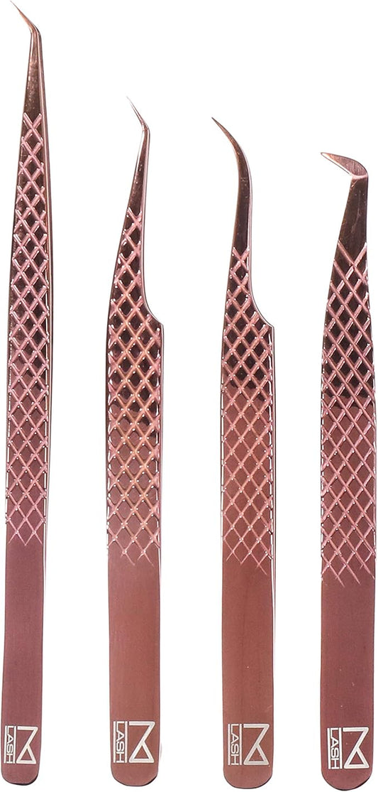 M LASH Tweezers for Eyelash Extensions (Set of 4) - Professional Lash Extension Tweezers - Fiber Tip, Japanese Steel, Diamond Grip (Rose Gold)