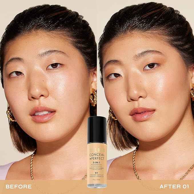 Milani Conceal + Perfect 2-in-1 Foundation + Concealer for a Flawless Complexion, Under Eye Corrector, Cover Redness and Imperfections, Waterproof and Sweatproof - Creamy Vanilla