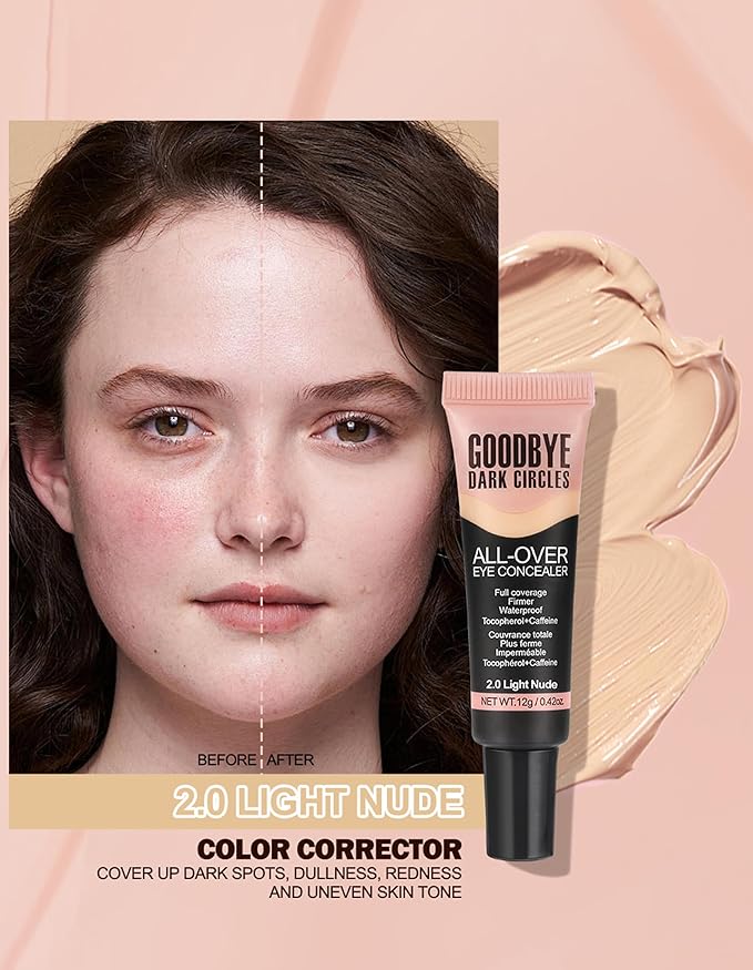 Erinde Under Eye Full Coverage Concealer, Color Corrector for Dark Circles, Fine Lines, Redness & Discoloration, Waterproof Natural Finish Dark Circles Under Eye Concealer, 02 Light Nude