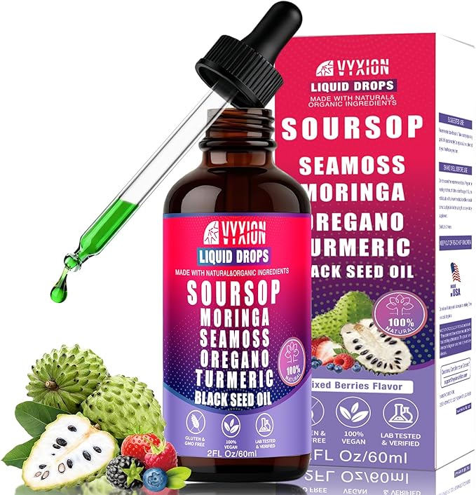 Soursop Bitters Liquid Drops 10 in 1 with Sea Moss, Moringa, Turmeric, Black Seed Oil, Oregano, Ashwagandha | Herbal Extracts for Overall Health-Enhancing |Vegan, Non-GMO| 2 Fl Oz(Mixed Berry Flavor)