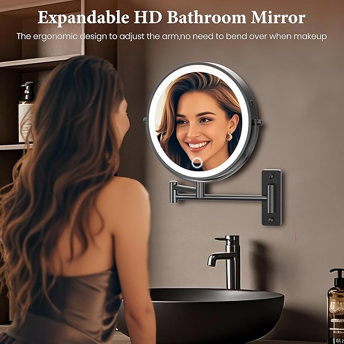 9" Large Wall Mounted Lighted Makeup Mirror Black Nickel, 1X/20X Magnifying Mirror with 3 Color Light, LED Lights Dimmable 5000mAh Rechargeable Wall Mount Makeup Mirror, 360° Swivel 17" for Bathroom