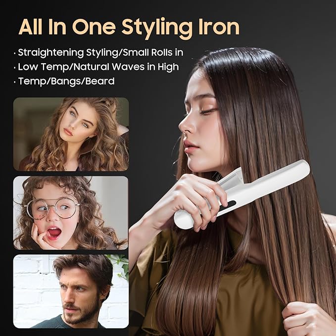 Cordless Hair Straightener and Curler, 2 in 1 Portable Mini Flat Iron & Curling Iron, Fast Heating & Titanium Plate Straightener with 4 Adjustable Temp,Travel Size Preferred Gifts (White)