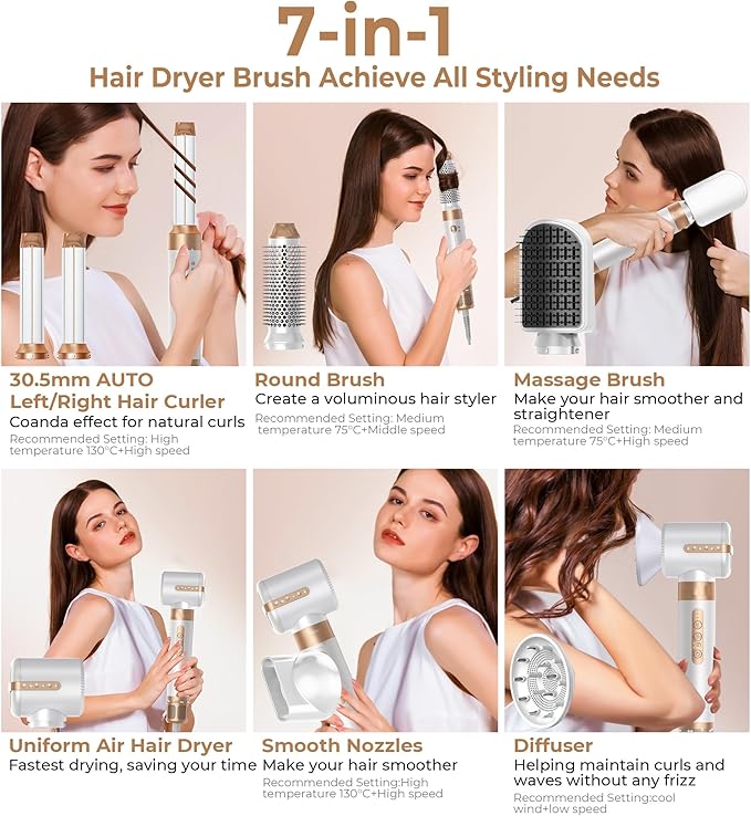 7 in ONE Hair Dryer Brush, Powerful Blow Dryer Brush with Auto- Wrap Curler, Detachable Fast Drying, Volumizing, Curling, Straightening, Ionic Hair Dryer with Diffuser, Hair Styling Tools 100-120V