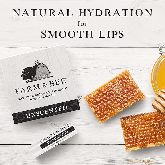 Natural Lip Balm - Organic & Natural Ingredients - Beeswax Based Moisturizing Lip Care Chapstick for Chapped Lips - Great Gift Idea - Farm & Bee - 0.15oz (Pack of 4 - Unscented)
