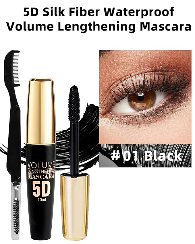 Black Waterproof Mascara for Eyelash, 5D Silk Fiber Lashes Extension Colored Tube Mascaras with Eyelash Brush, Long Lasting Curling Mascara Volume and Length, Eye Makeup Gift for Women