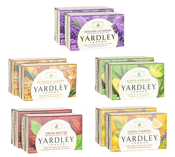 Yardley London Soap Bath Bar Bundle - 10 Bars: English Lavender, Oatmeal and Almond, Aloe and Avocado, Cocoa Butter, Lemon Verbena 4.25 Ounce Bars (Pack of 10 Bars, Two of each)