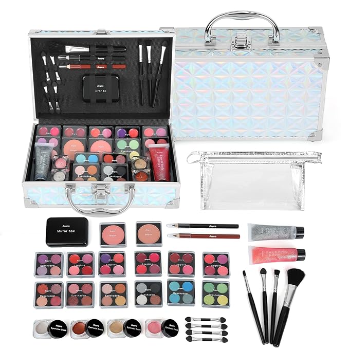 Anpro All-In-One Makeup Kit with Carry Case, Pro Teen Makeup Set, Girls Makeup Kit for Teens Tween Women, Full Starter Cosmetics Kit with Brushes, Lipsticks, Eye Shadows Palette, Blushes, Glitter Gel