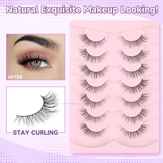 Natural Cat Eye Lashes - 14mm Wispy Eyelashes with Thin Band, 3D Volume, Soft Strip Lashes Pack C Curl - 7 Pair