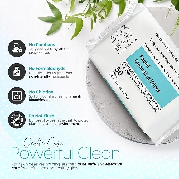 Facial Cleansing Wipes. 3 Pk. Pack of 50 each. (Facial Cleansing Wipes for Women | Gentle Makeup Remover. 150 wipes