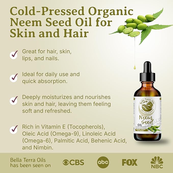 Bella Terra Oils - Organic Neem Seed Oil 16oz - Harness Organic Neem's Timeless Beauty Secrets, Infused with Vitamin A & Omega Fatty Acids, Best for Luxurious Skin Feel