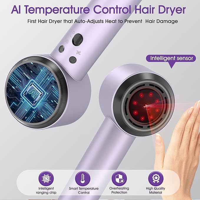 Ionic Hair Dryer with Auto-Adjusting Sensor,AI Hair Dryer with Magnetic Diffuser,100000 RPM High-Speed Hair Blow Dryer for Fast Drying,Compact Blow Dryer with 500M Plasma,Blow Dryer for Women(Purple)
