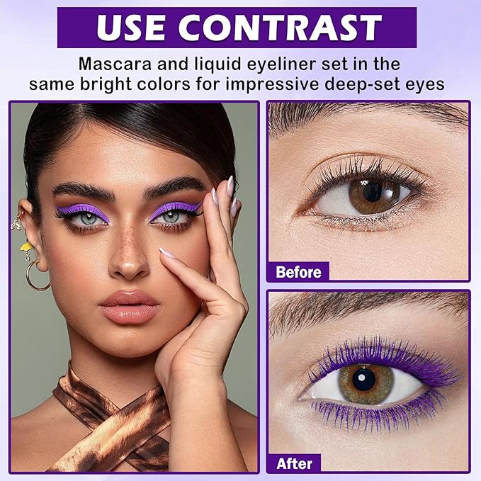 Purple Mascara and Eyeliner Set,5D Colored Volume and Length Waterproof,Purple Mascara for Eyelashes,Natural Lengthening Curling,Suitable for Women