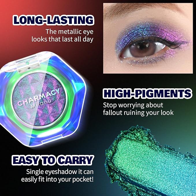 CHARMACY Multichrome Glitter Eyeshadow, Intense Pigmentation Chameleon Sparkling Eyeshadow, Bright Highlighter Duochrome Eye Make Up, Multi-Reflective Finishes Glitter Metallic Eye Makeup #02