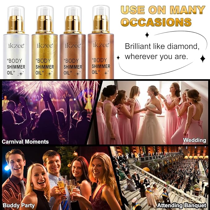 Body Shimmer Oil 100ml, Moisturizing Long Lasting Body Luminizer Face Brightener, Waterproof Liquid Illuminator, Shimmer Glow Highlighter Summer Glowing Tan Makeup (#02 Gold)