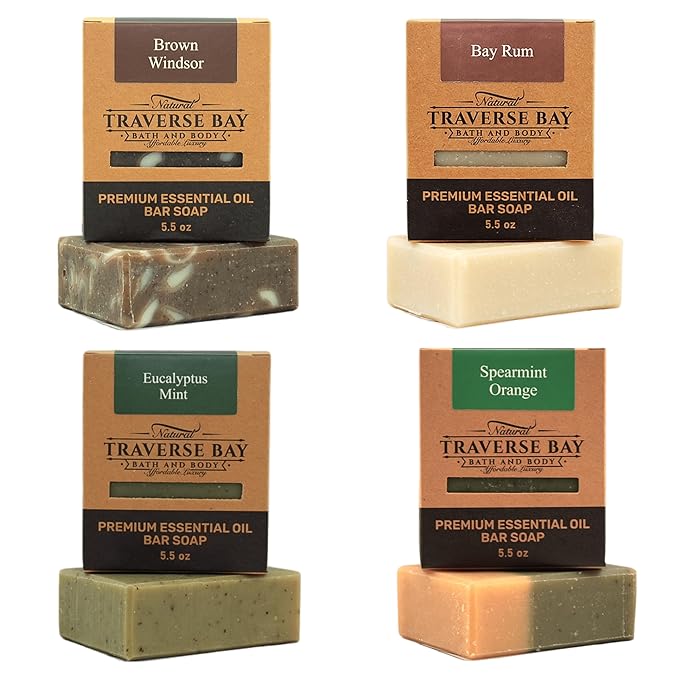 Traverse Bay Bath and Body Natural Cold Process Soap Masculine 4-Bar Variety Pack, Brown Windsor, Bay Rum, Northern Forest, Spearmint Orange, 5.5 oz Each, 22+ oz Total