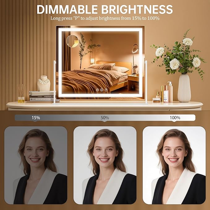Vanity Mirror with Lights, 34'' x 26'' Lighted Makeup Mirror, Touch Screen with 3-Color Lighting, Dimmable for Vanity Desk Tabletop Square White