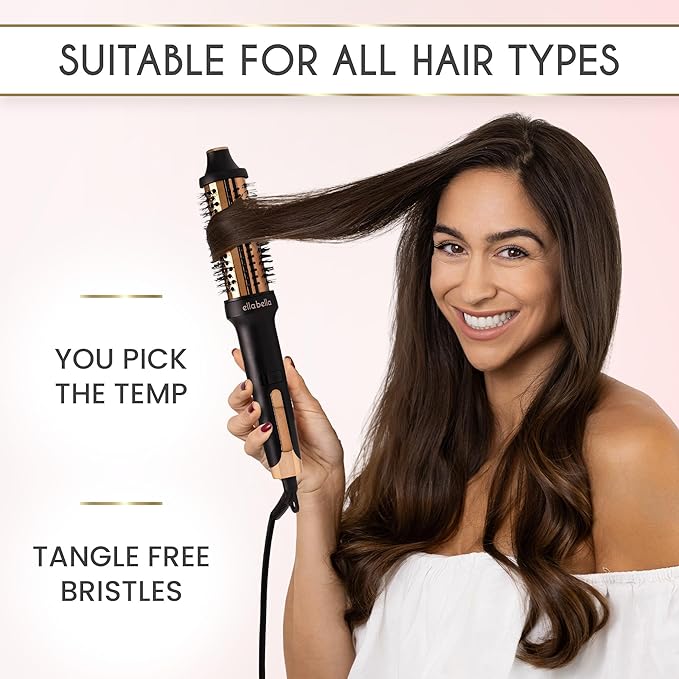 ELLA BELLA® Heated Round Thermal Blowout Brush • Negative ION Plasma Thermal Hot Hair Brush • Volumizer Styler & Curler in 1 • Fast HeatUp • Dual Voltage International Use • Swivel Cord, Auto ShutOff