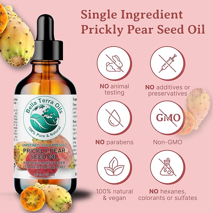 Bella Terra Oils - Prickly Pear Seed Oil 2 oz - Cold-Pressed Excellence, Packed with Vitamin E, Linoleic Acid, and Betalains, A Luxurious Touch for the Face