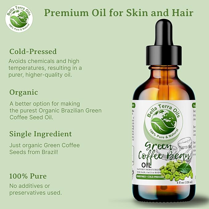 Bella Terra Oils - Green Coffee Bean Oil 16oz - Harness the Purity of Coffee Serum Ingredients, Enriched with Potent Acids for Lush & Healthy Skin