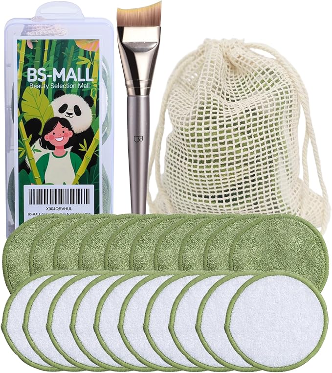 BS-MALL Cotton Rounds Bamboo Fiber for Face & Gentle Reusable Eye Makeup Remover Pads 20 Pcs, Facial Mask Brush & Foundation Brush- Travel-Friendly Skincare Set with Storage Box & Washable Bag