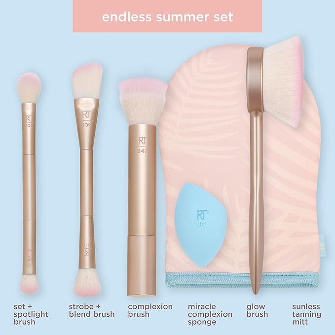 Real Techniques Endless Summer Makeup Brush Kit, Face Brushes, For Foundation, Powder, Highlight, Contour, & Bronzer, Inlcudes Tanning Mitt, Premium Quality, 6 Piece Set
