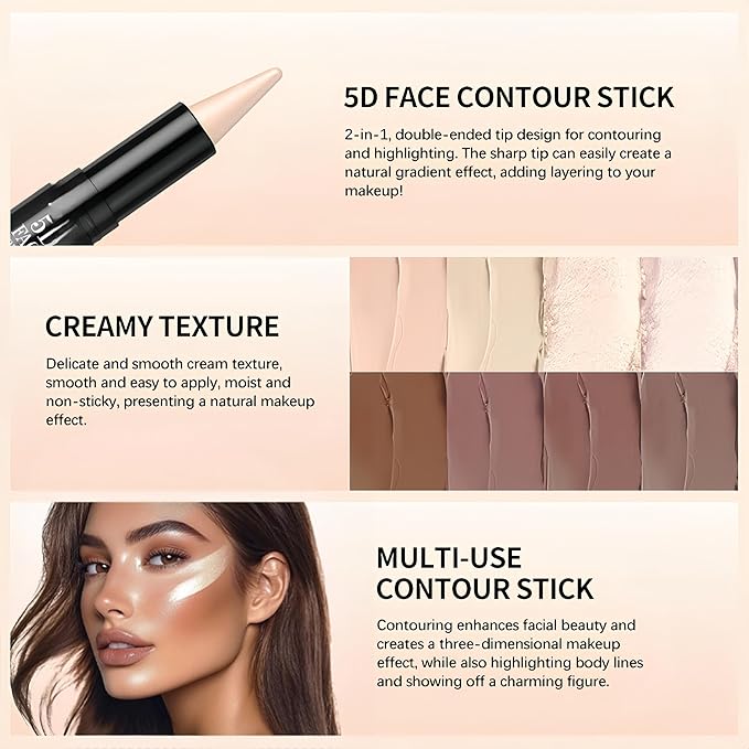 MAEPEOR 2-in-1 Contour Highlighter Stick Non-greasy and Non-drying Contour Pen Long Lasting Waterproof Face Brighten Contouring Makeup Pen (03 Wing Pearl & Mocha)