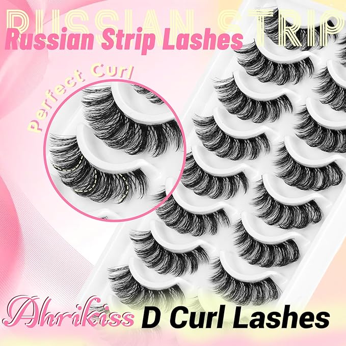 Ahrikiss Russian Lashes Clear Band False Eyelashes Wispy Natural Look, D Curl Fake Strip Eye Lashes Faux Mink Fluffy Eyelashes 10 Pairs Pack(R1)