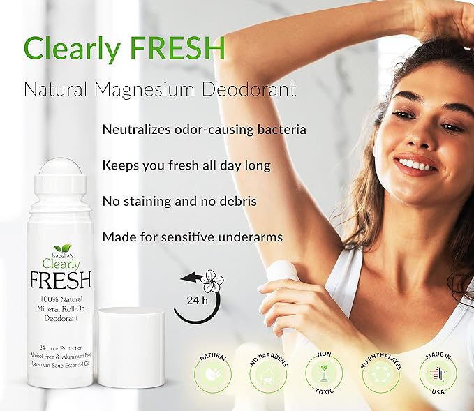Clearly FRESH Natural Magnesium Roll On Deodorant | 24 hour Mineral Protection for Sensitive Skin with Aloe Vera | Without Aluminum, Parabens, Alcohol or Baking Soda | Geranium Sage