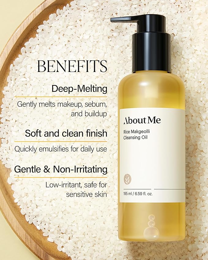About Me Rice Makgeolli Cleansing Oil – Korean Makeup Remover Cleanser for Sensitive Skin – Daily Makeup Removal with Rice Bran Oil – Korean Skin Care – 6.59oz, 195ml