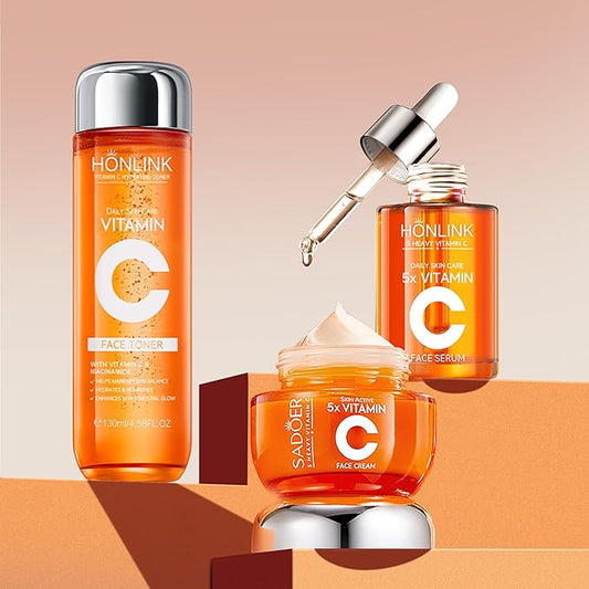 Vitamin C Skincare Trio: Face Serum, Moisturizing Cream & Hydrating Toner, 5X Vitamin C Complex with Hyaluronic Acid, Complete Daily Routine to Refresh & Nourish Skin, For All Skin Types