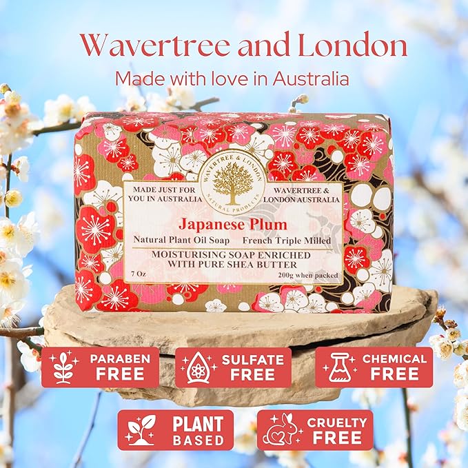 Wavertree & London Japanese Plum Scented Natural Soap Bar, 7oz Moisturizing French Triple Milled Soap Bar for Women & Men Enriched with Organic Shea Butter, Pure Bath & Body Soap (1 Bar)