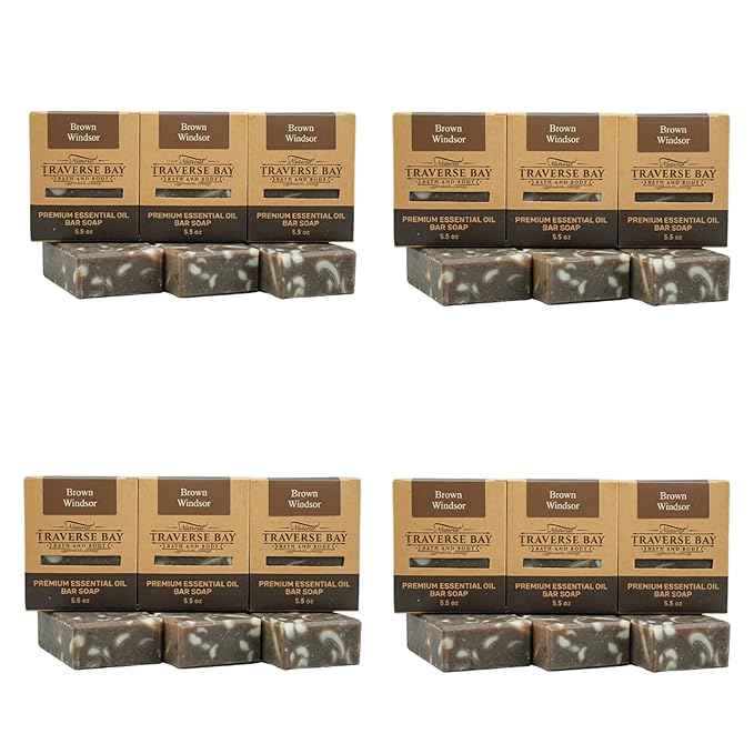 Traverse Bay Bath and Body, Brown Windsor, all natural handmade cold process soap, essential oil soap, spicy coffee caraway scent, 12 bar pack 66+ oz